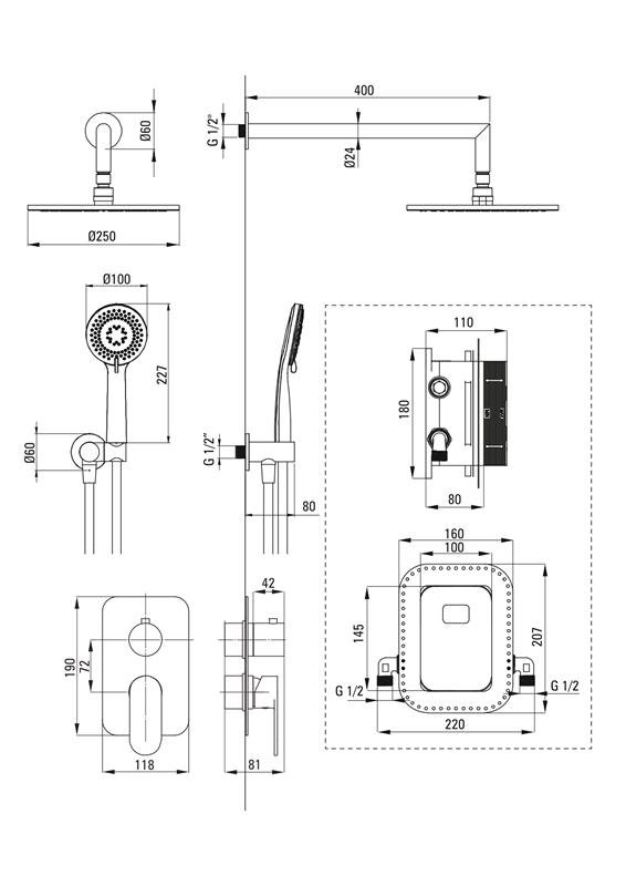 Detail-Deante Alpinia Bad BOX-Unterputzsystem Unterputz-Duschset, Mit Mischbox-Gold