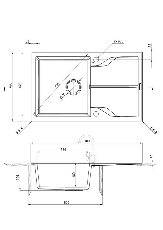 Detail-Deante Andante Flush GranitSpülen für einen 60 cm Schrank, 1-Becken mit Abtropffläche - Flächenbündige und stilvolle Einbauspüle