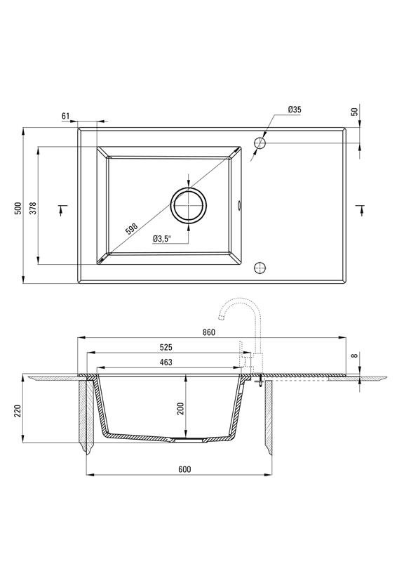 Detail-Deante Capella Verbund Spüle, Einbau Glas-Granit Spüle, 1-Becken mit Abtropffläche (Modell: ZSC_GX2C)