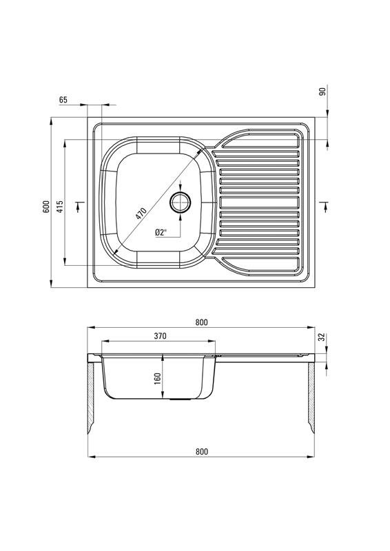 Detail-Deante Tango Stahlspüle für 80 cm Schrank Ausgussbecken, 1-Becken mit Abtropffläche - aufgesetzt ZM6_0110