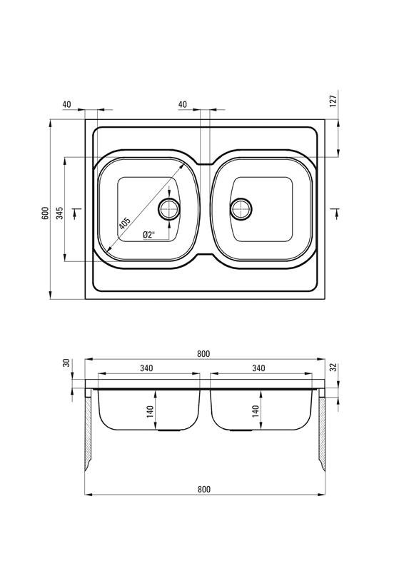 Detail-Deante Tango Stahlspüle für 80 cm Schrank, 2 Becken