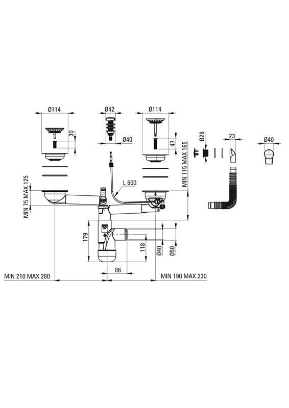 Detail-Deante Space-Saver Lux Siphon für Granit-Spülbecken mit 1,5 und 2 Becken (ZXY_9918)